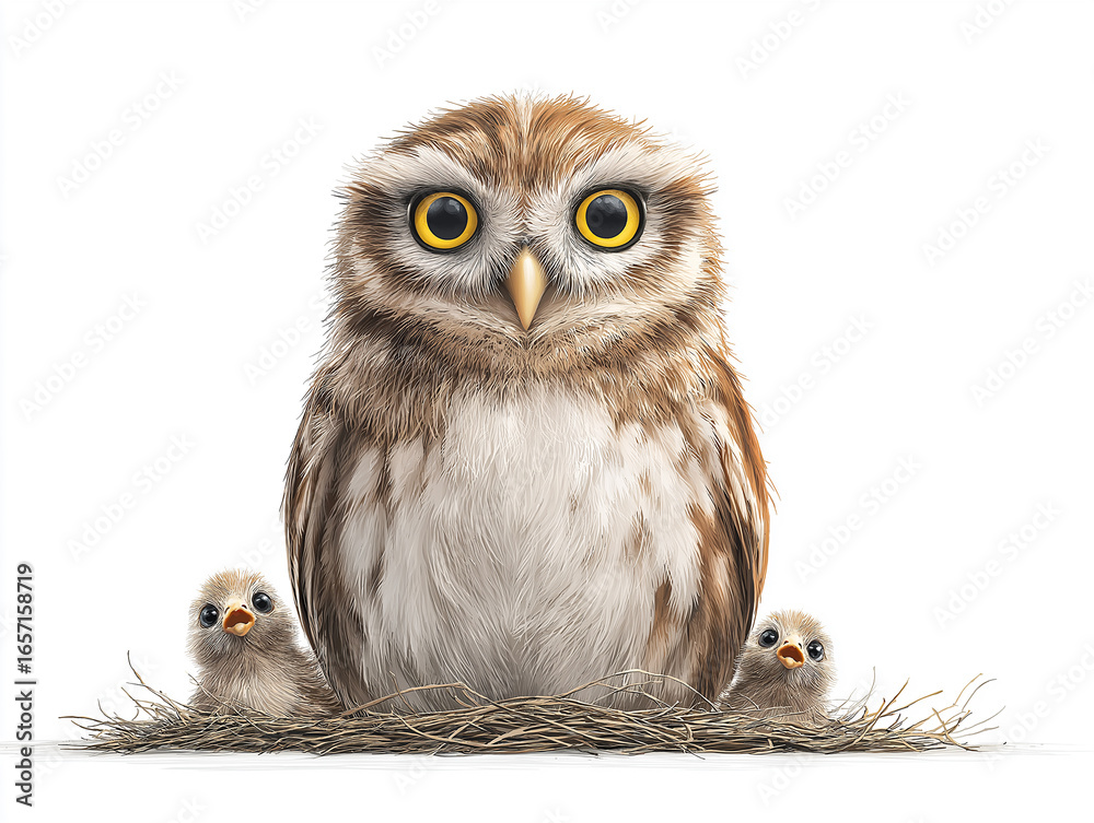 Fototapeta premium owl, bird, animal, wildlife, nature, bird's nest, nest, wild, predator, beak, brown, prey, eyes, family, feathers, feather, portrait, little owl, raptor, hunter, eye, eagle, white, wise, bird of prey,