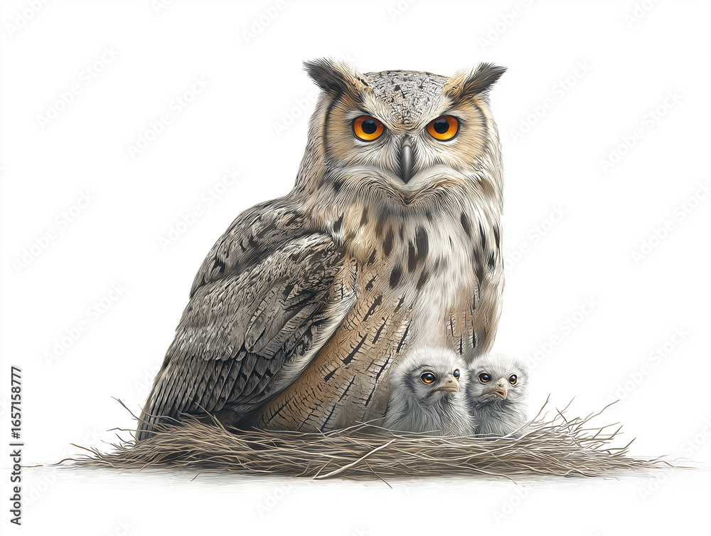 Obraz premium owl, bird, animal, wildlife, nature, bird's nest, nest, wild, predator, beak, brown, prey, eyes, family, feathers, feather, portrait, little owl, raptor, hunter, eye, eagle, white, wise, bird of prey,