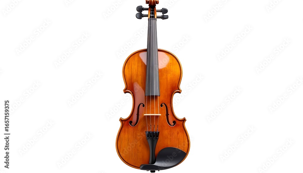 Fototapeta premium A polished wooden violin stands prominently against a plain white backdrop.