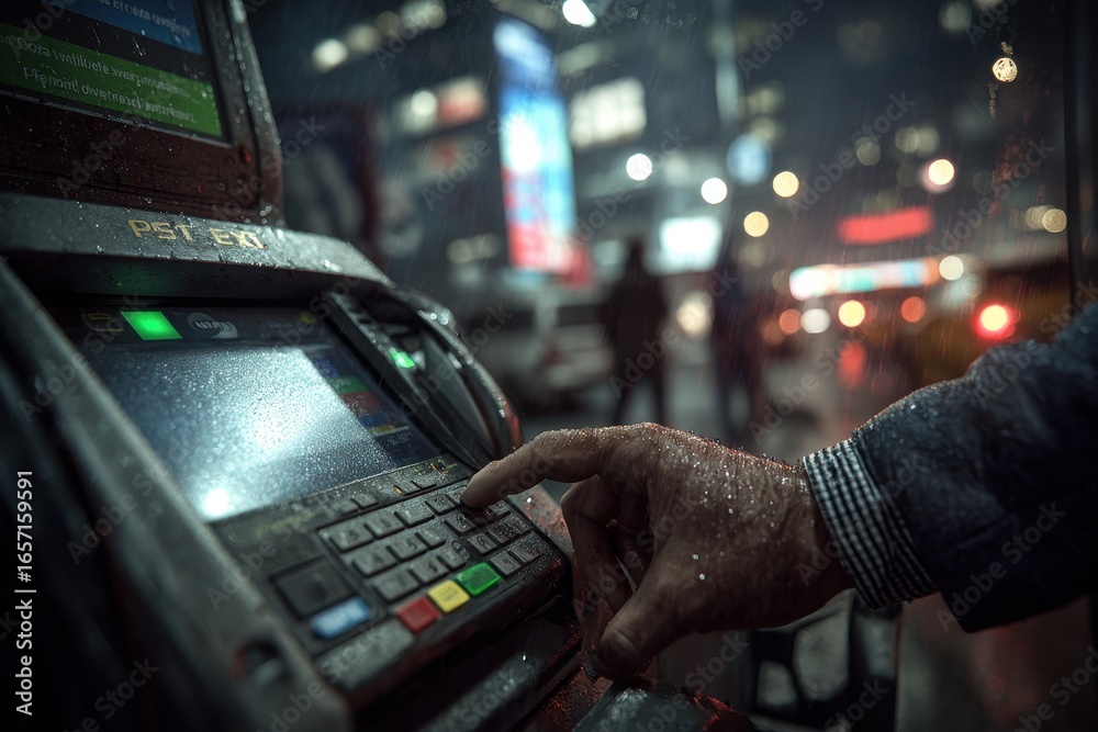 Fototapeta premium A person interacts with a rain-soaked ATM keypad during a dark city night.