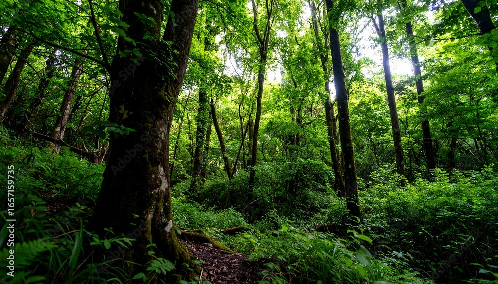 Obraz premium Lush greenery fills a dense forest, showcasing towering trees and vibrant undergrowth.