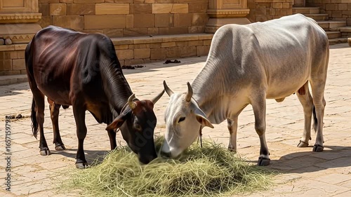 Two Cows Eating Together Near a Sandstone Structure in India Featuring a Brown Cow and a White Cow on a Sandy Surface