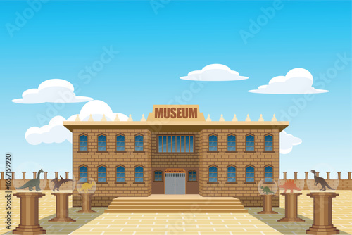 museum building with dinosaur statues in the front yard