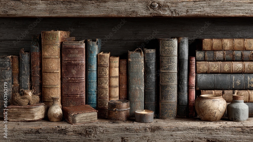 Bookshelves stacked with antique books in library during the daytime with nobody present Bookshelves stacked with antique books in library during the daytime with nobody present
