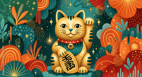 Golden Fortune Cat with Stars and Colorful Decorative Landscape, magical colorful forest background, 4K Wallpaper, Frame TV Art