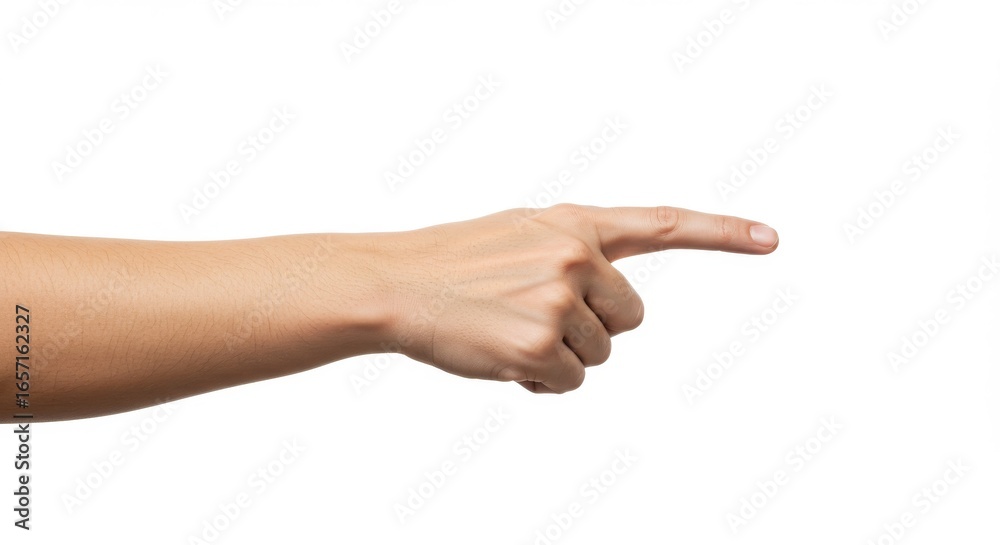 Isolated Human Hand Pointing Rightward with Index Finger on Clean White Background, Indicating Direction or Selection. Isolated Human Hand Pointing Rightward with Index Finger on Clean White Background, Indicating Direction or Selection.