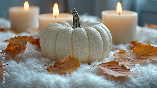 A white pumpkin, candles, and autumn leaves create a cozy fall atmosphere.