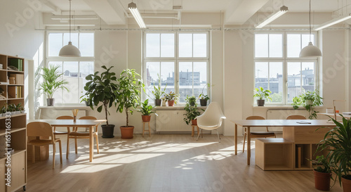 Bright office space with plants and natural light shining in