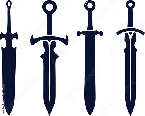 Flat sword vector icon set with clean blade designs, ideal for fantasy art, tattoos, and hero logos.