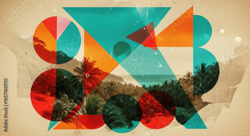 Abstract Tropical Island Graphic with Geometric Shapes and Red, Teal, Orange Hues