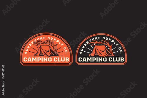 Tent under a tree branch retro badge logo design set for adventure. Camping tent with tree vintage emblem label element designs collections. Tent, Camping, Picnic, Hood, Tilt. Vector Illustration