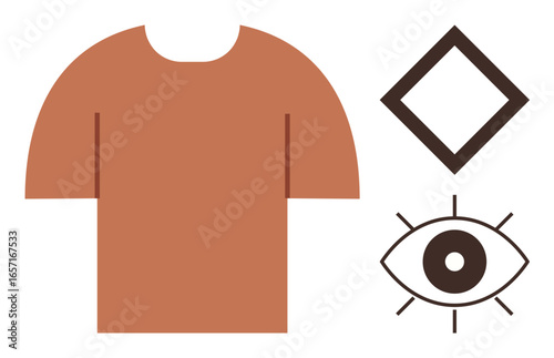 Brown t-shirt, diamond shape, and outlined eye design suggesting fashion, creativity, perception, and focus. Ideal for clothing design, branding vision simplicity trend graphic art. A simple flat