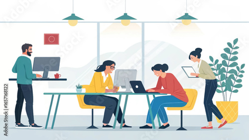 Diverse team collaborates productively in a modern, open office setting. Ideal for themes of business, teamwork, digital work, and a dynamic workplace environment.