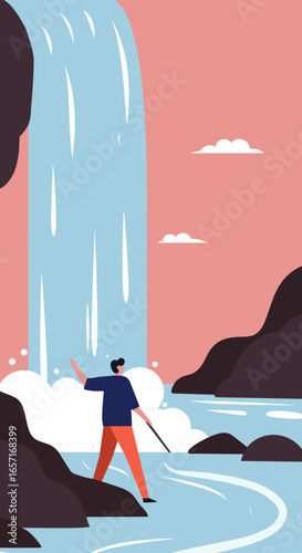 Man explores a majestic waterfall and tranquil river in a vibrant natural landscape, conveying adventure, travel, and connection with nature.