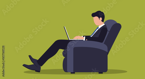 Professional man in a suit comfortably working on a laptop while seated in an armchair. Ideal for remote work, business, and technology concepts.