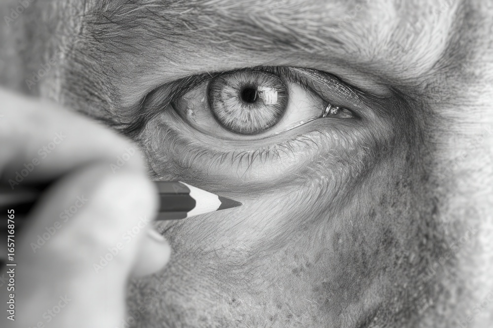 Obraz premium A skilled artist focuses on a close-up view of a human eye, capturing intricate details with a pencil. The shading emphasizes texture and realism, showcasing talent and concentration.