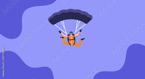 Person in orange jumpsuit skydiving with an open parachute against an abstract purple background. Represents adventure, freedom, extreme sports, and thrilling leisure.