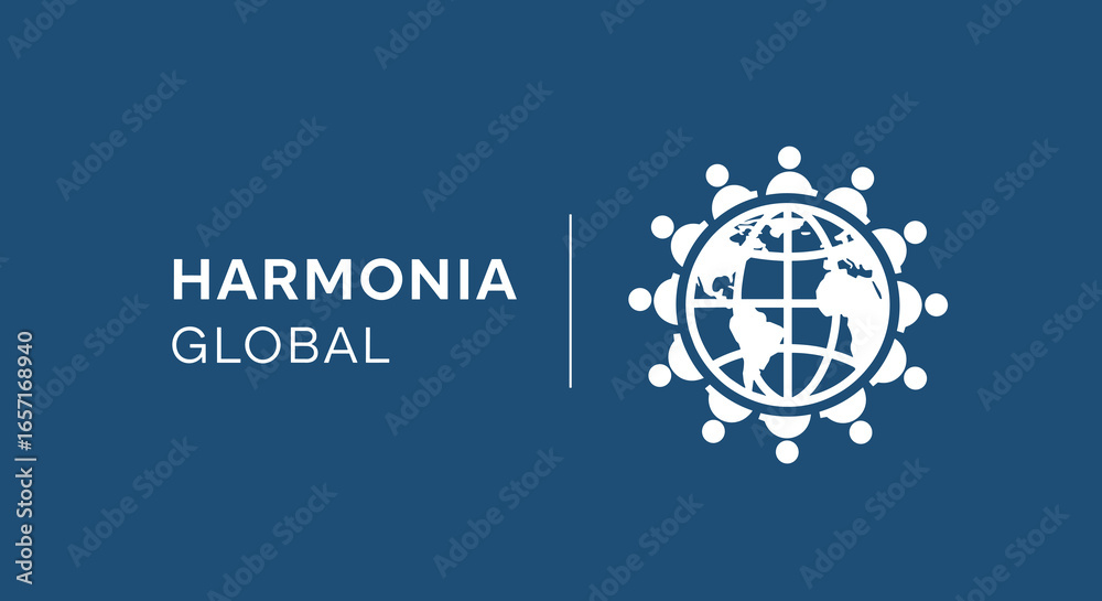 HARMONIA GLOBAL. Logotipo com ícone de globo e pessoas unidas. Conceito de comunidade, união, cooperação e conexão mundial.