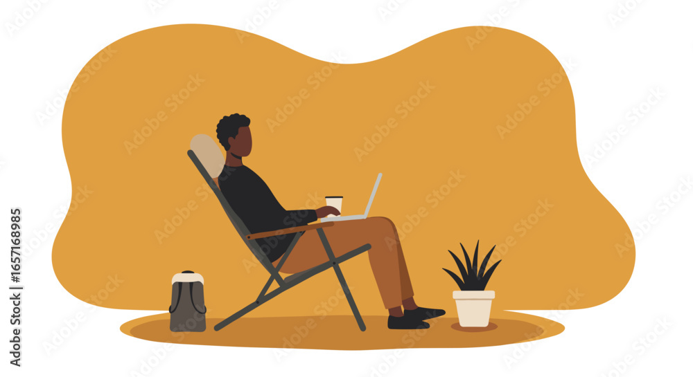 Φωτογραφία A man relaxes in a lounge chair, working on his laptop with a coffee, embodying flexible remote work and a modern lifestyle