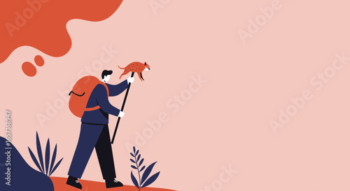 A solitary hiker with a backpack and walking stick explores a vibrant natural landscape, accompanied by a small creature. Ideal for themes of adventure, journey, and outdoor travel.