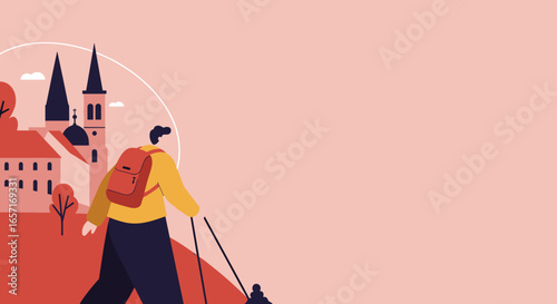 Traveler with backpack and walking poles explores a scenic townscape with historic architecture and trees, embodying active tourism and discovery.