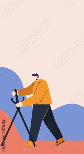 Minimalist illustration of a man Nordic walking outdoors, embodying health, recreation, and an active lifestyle. Ideal for fitness, travel, or wellbeing concepts.