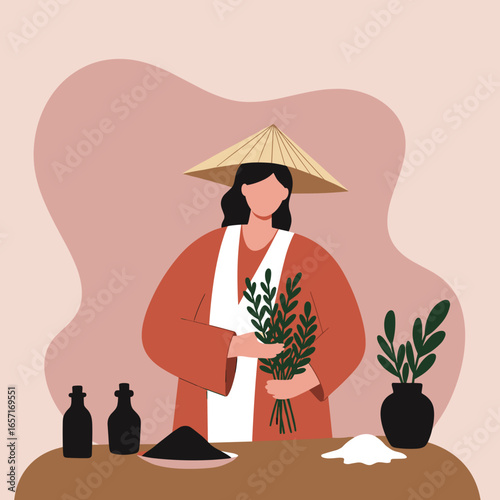 Woman in traditional Asian attire holding fresh herbs, preparing natural remedies or tea. Concepts of traditional medicine, holistic wellness, and natural ingredients.