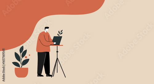 Modern man working remotely on laptop at a standing desk setup, symbolizing productivity, online learning, and flexible work. Ideal for business and technology concepts.