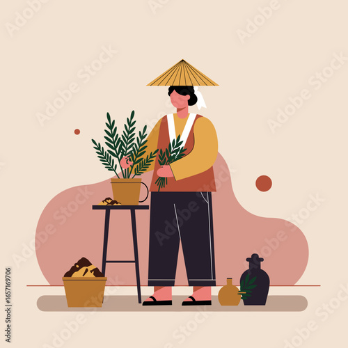Person in traditional conical hat tending to plants, representing traditional cultivation, sustainable living, and cultural practices. Ideal for lifestyle and agricultural concepts.