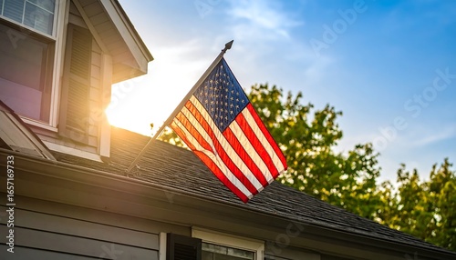 American flag on house roof, sun shining