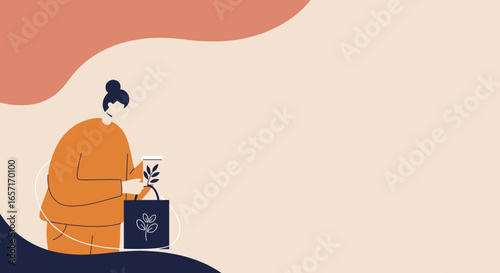 Woman with reusable cup and eco-friendly shopping bag, symbolizing sustainable lifestyle and responsible consumerism. Ideal for environmental themes.