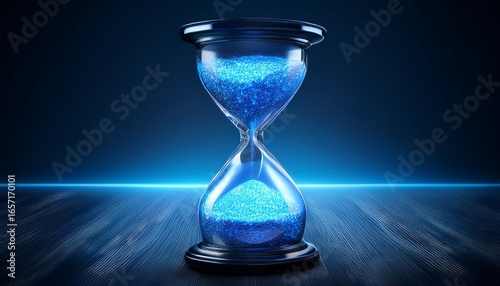 hourglass with glowing blue grains symbolizing time s passage deadlines and the finite nature of resources on a sleek modern platform