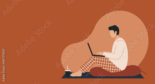 Man working remotely from home in comfortable attire, enjoying a relaxed digital lifestyle with coffee. Ideal for telework concepts.