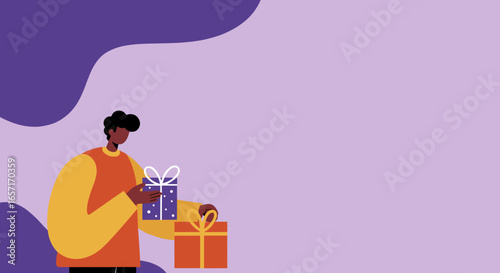 Illustrated person holding a blue gift box, with another present nearby, on a vibrant abstract background. Ideal for celebrations, holidays, gift-giving, shopping, and promotional designs.
