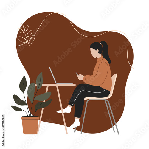Young woman works remotely from home, multitasking with laptop and smartphone. Represents digital communication, freelance work, and modern lifestyle balance.