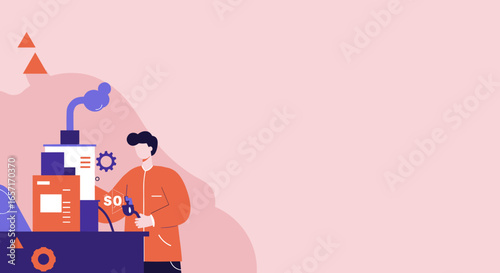 Engineer troubleshooting industrial machinery with a visible SOS signal, symbolizing innovation, technological development, and problem-solving.