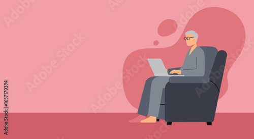 Elderly man uses a laptop comfortably in an armchair, symbolizing retirement, digital connection, and modern senior lifestyle at home.
