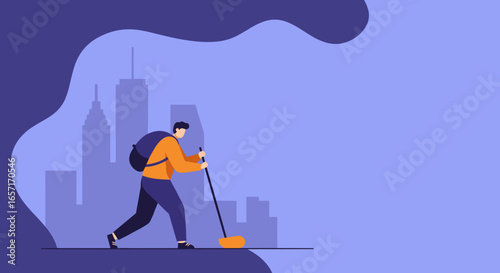 Flat design illustration of a man with a backpack cleaning an urban street or public space, promoting environmental care and sustainable city living concepts.