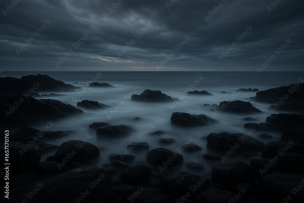 Fototapeta premium Moody seascape with dark rocks and misty water under dramatic, stormy skies