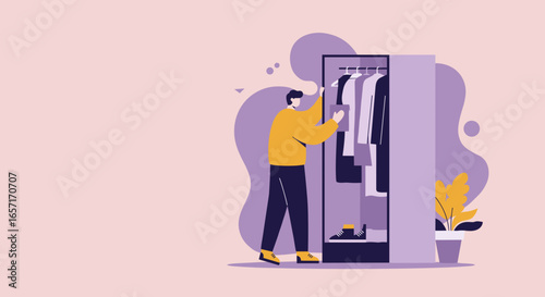 Young man organizing clothes in a modern wardrobe, reflecting daily routine, personal style, and home organization. Ideal for lifestyle and fashion content.
