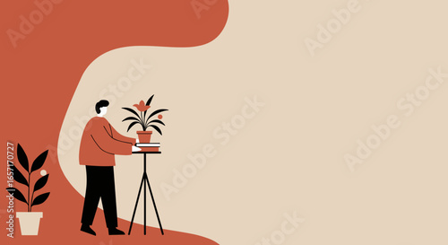 Minimalist illustration of a person caring for a potted plant on a stand with books, creating a calm indoor lifestyle scene for home decor or educational themes.