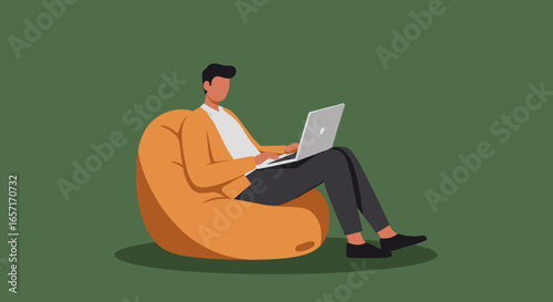 A person comfortably works on a laptop while sitting on a bean bag chair. Ideal for concepts of remote work, online learning, or flexible modern lifestyles.
