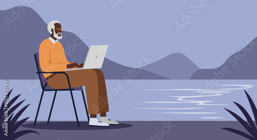 Elderly Black man working on a laptop outdoors by a calm lake with mountains, symbolizing remote work, retirement, and a connected lifestyle.