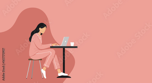 Woman in pajamas comfortably working on laptop at home. Depicts remote work, online learning, or freelance lifestyle, promoting flexibility and productivity.
