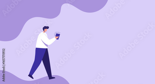 A person walks while actively using a smartphone, symbolizing modern digital communication, connectivity, and mobile technology in daily life. Ideal for business, lifestyle, and tech concepts.