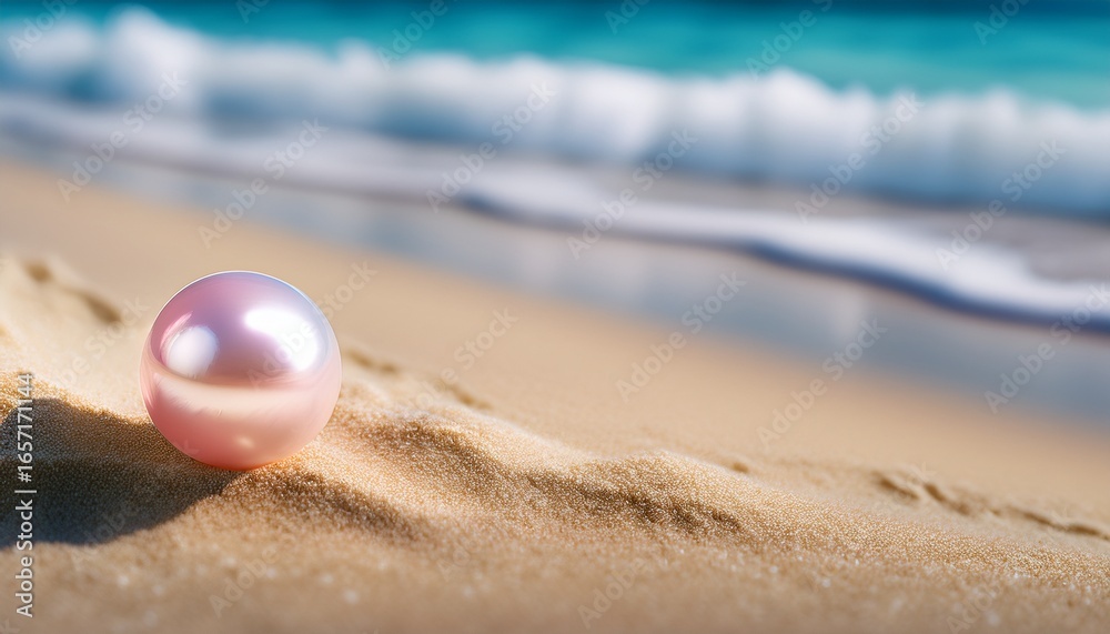 Obraz premium beautiful pearl resting on sandy beach a soft pink pearl lies gently on fine sand near a tranquil ocean capturing the serene beauty of natures treasures