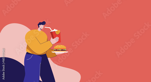 Person holds a burger, fries, and drink. Illustrates fast food, quick meals, and convenience. Useful for food service, lifestyle, or health topics.