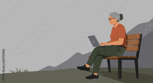 Senior woman confidently uses a laptop on a park bench outdoors, embodying modern digital literacy and remote connectivity. Ideal for lifestyle and technology concepts.