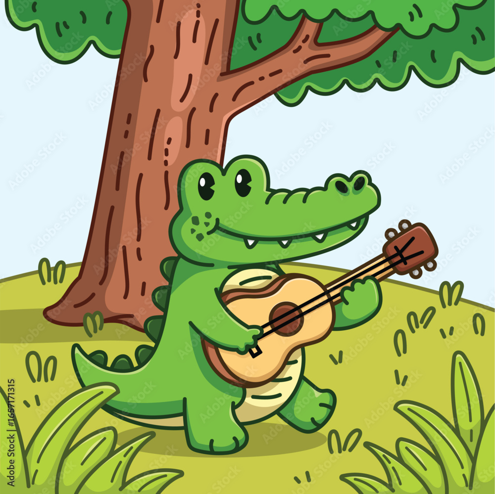 Obraz premium Happy Alligator Playing Guitar Under a Tree