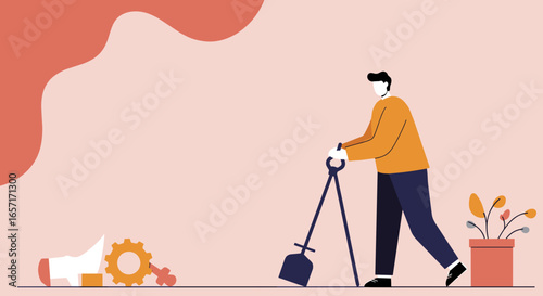 Illustrated man with a shovel-like tool, tidying up. Represents effort, problem-solving, and positive change for business or environment.